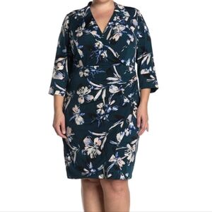 Eliza J Womans Plus Size 20W Dress Green Teal Floral Faux Wrap Sheath Cinch New